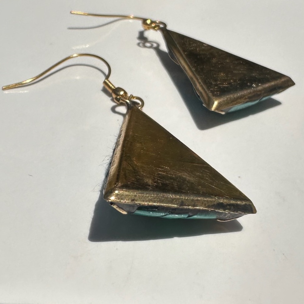 Turquoise and Coral Mosaic Brass Triangle Earrings - Picture 4 of 4